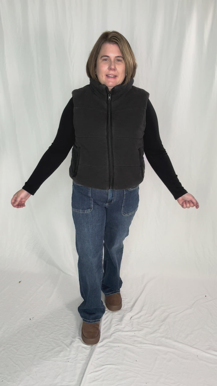 Jacklyn Denim Feel Zip Up Puffer Vest- CHARCOAL