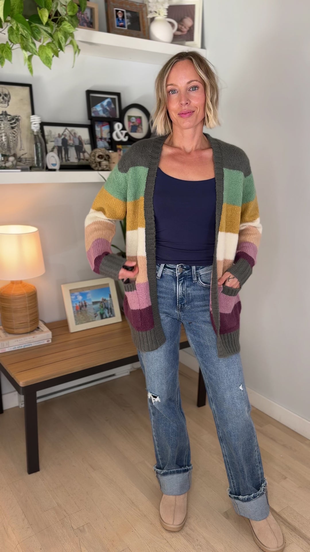 Ravina Multi Colour Blocked Pocket Cardigan- FOREST/MUSTARD