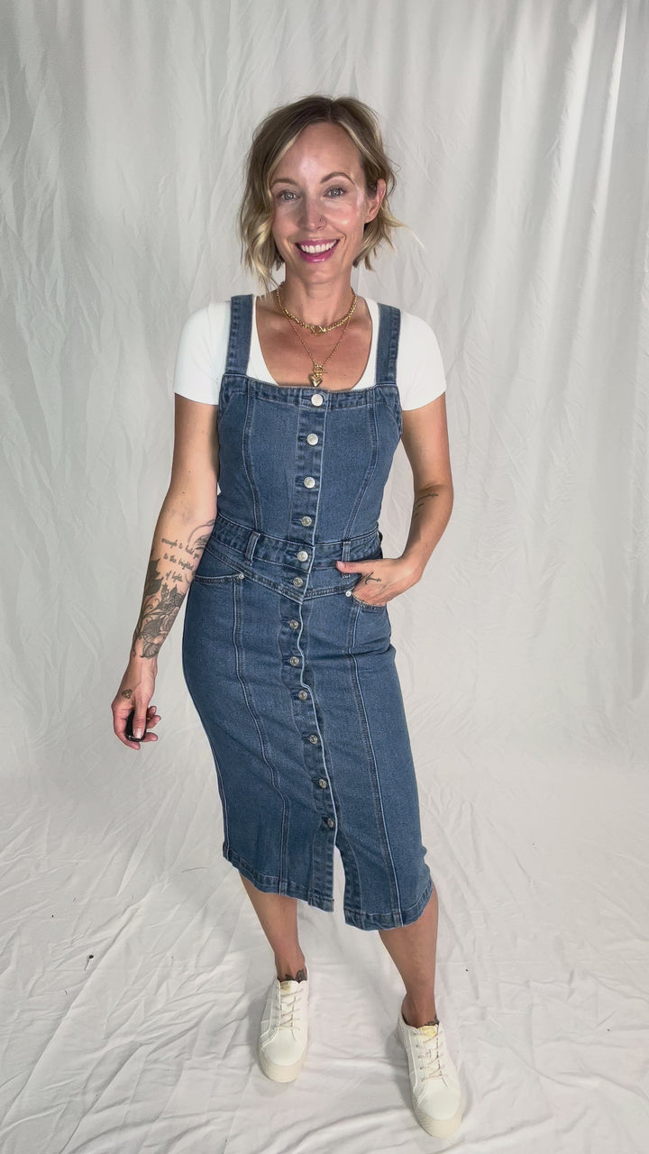 Yolanda Mineral Wash Button Down Denim Midi Dress- DENIM