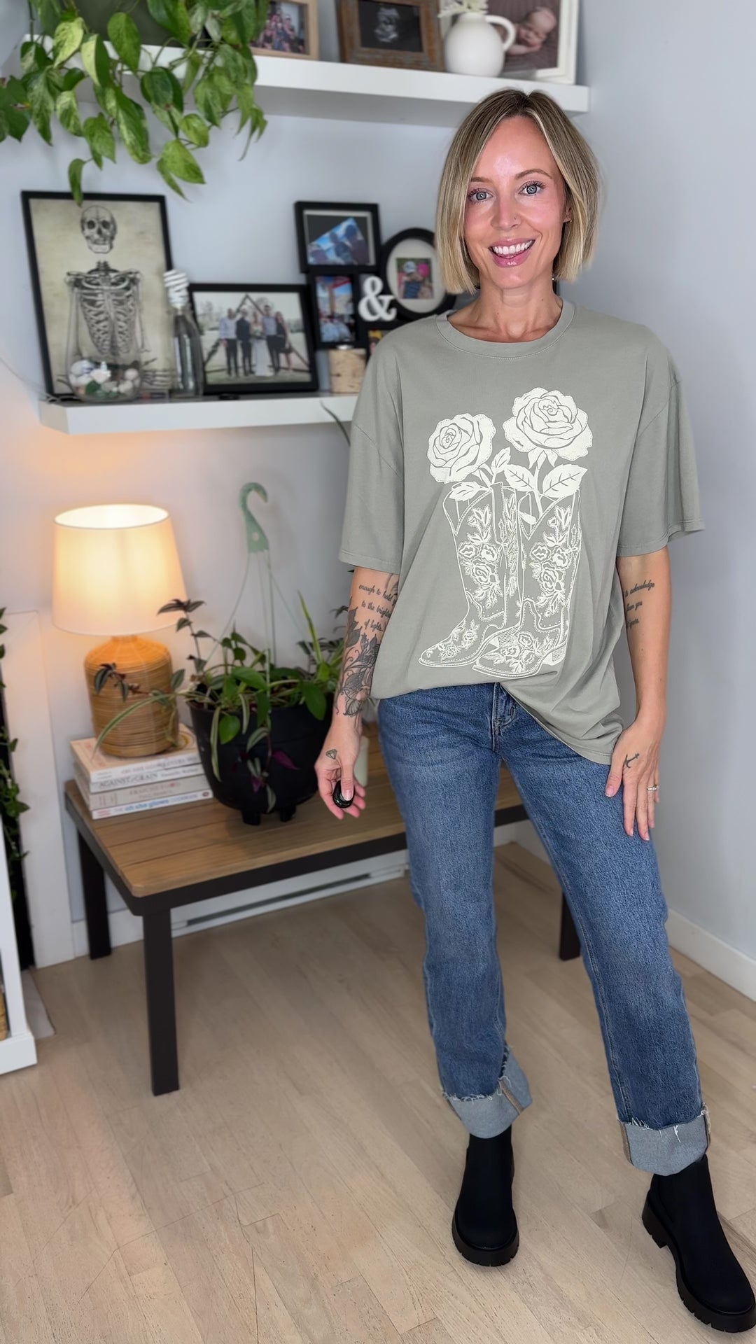 Darlina Rose And Cowboy Graphic Top- SAGE