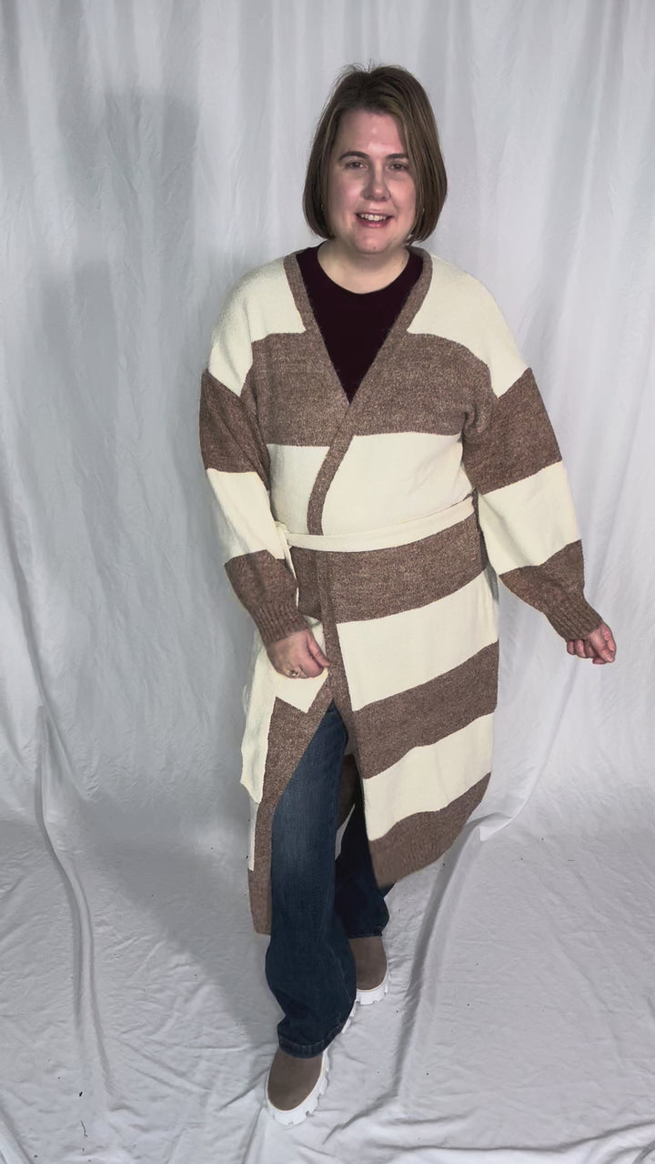 Cove Cozy Stripe Robe Cardigan- CREAM/TAUPE STRIPE