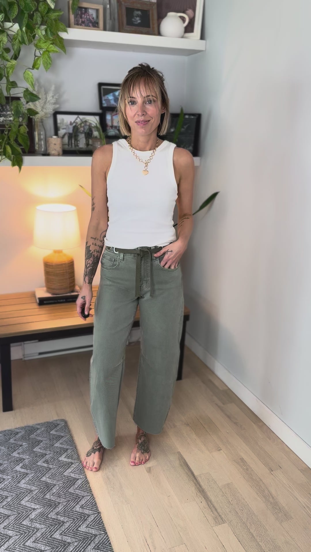 Vervet Romy High Rise Tie Waist Barrel Jeans- OLIVE