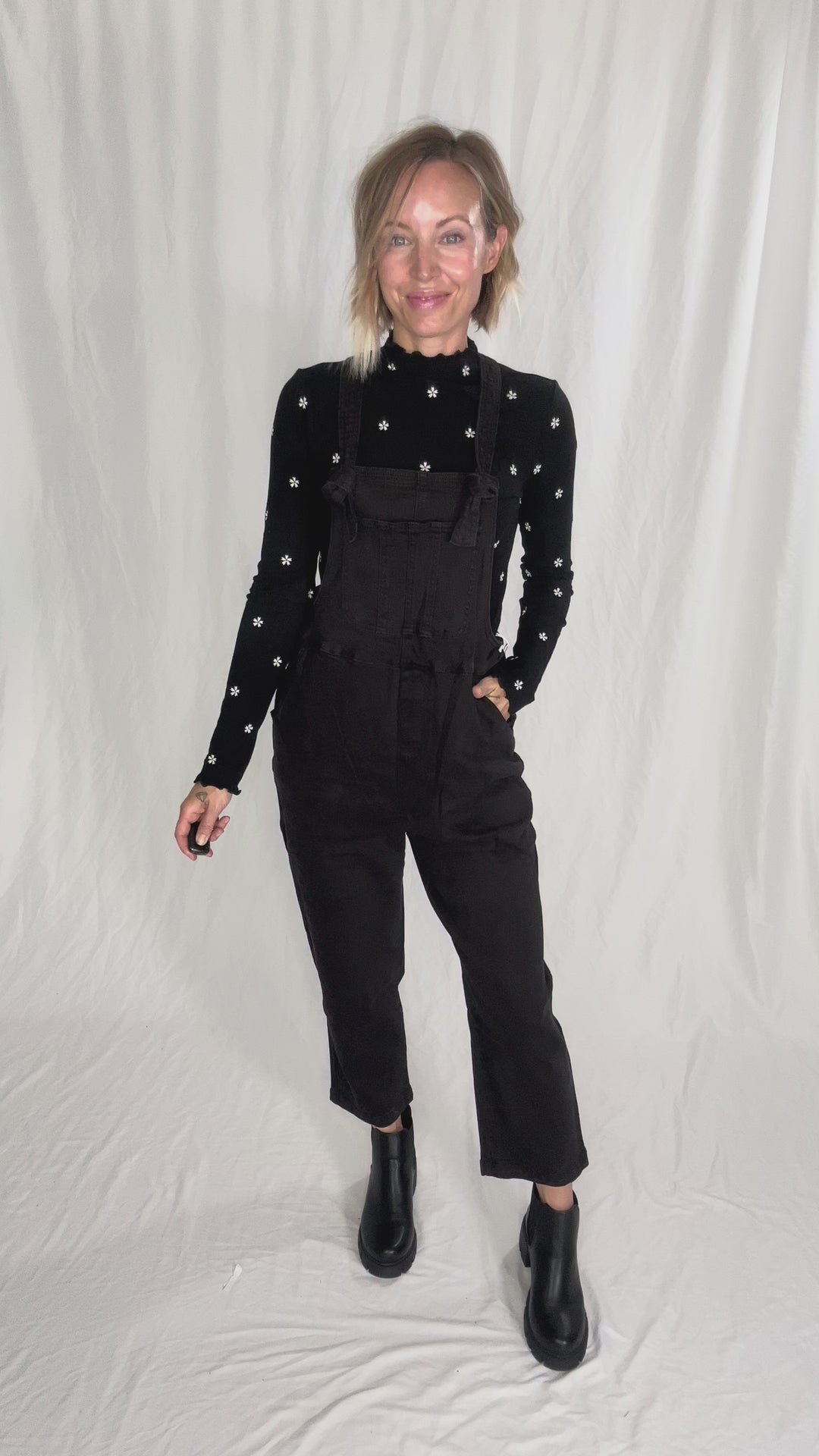 Katerina Washed Knot Strap Relaxed Fit Overalls- BLACK