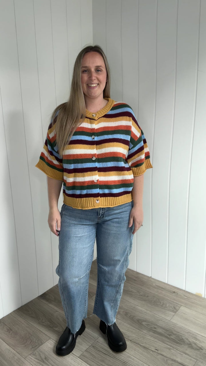 Posy Stripe 1/2 Sleeve Sweater Top- MUSTARD MULTI