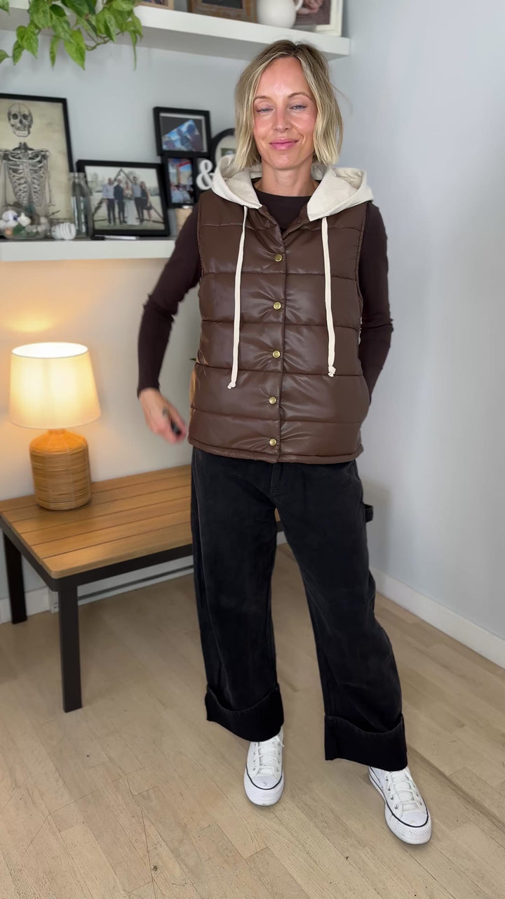 Pumpkin Patch Faux Leather Hoodie Vest- CHESTNUT