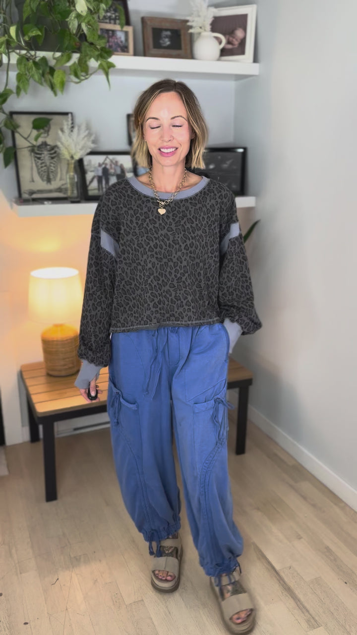 Wilder Animal Print Open Back Long Sleeve- IRON BLUE