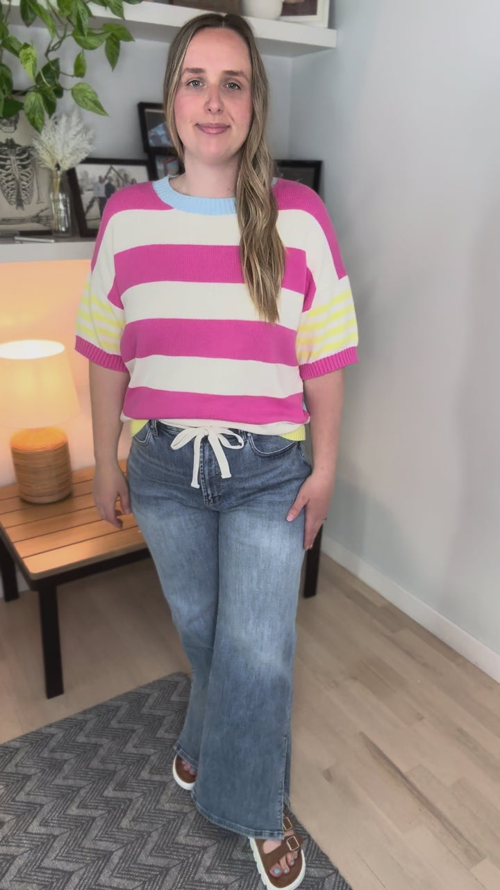 Feel Good Cotton Sweater Top- FUCHSIA/LEMON