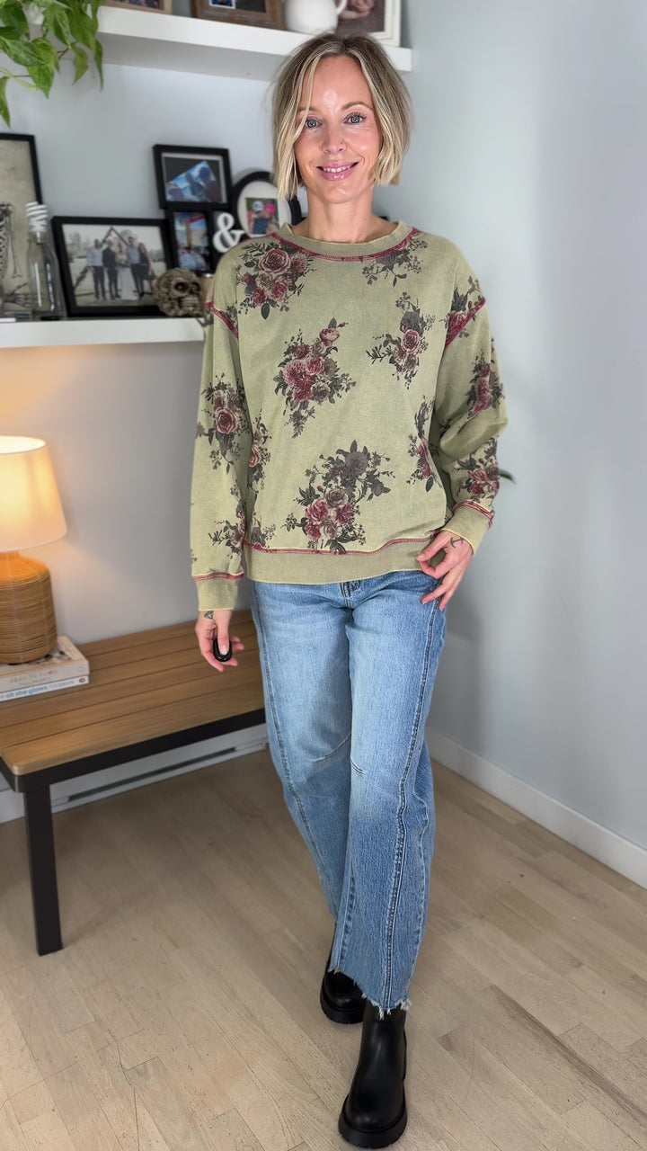 Nutmeg Floral Pullover- GREEN OLIVE