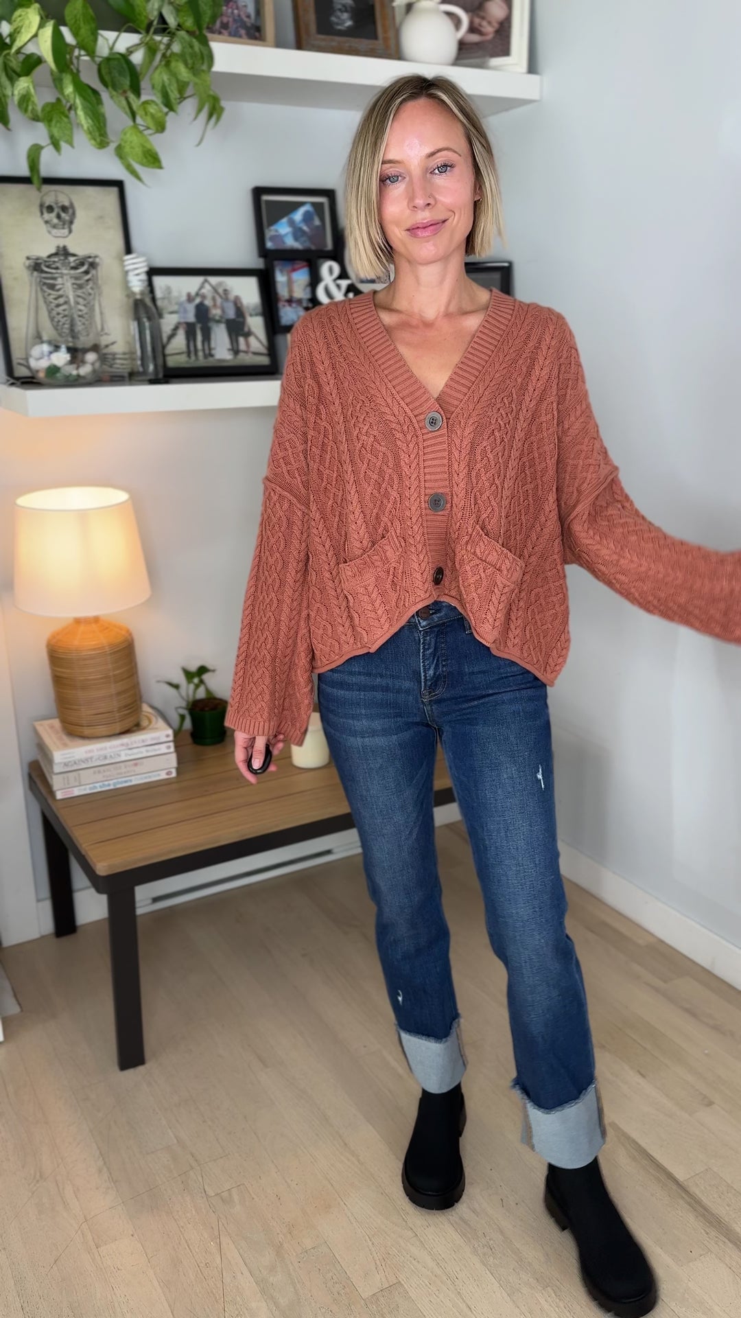 Romelle Cable Knit Button Cardigan- CAFE