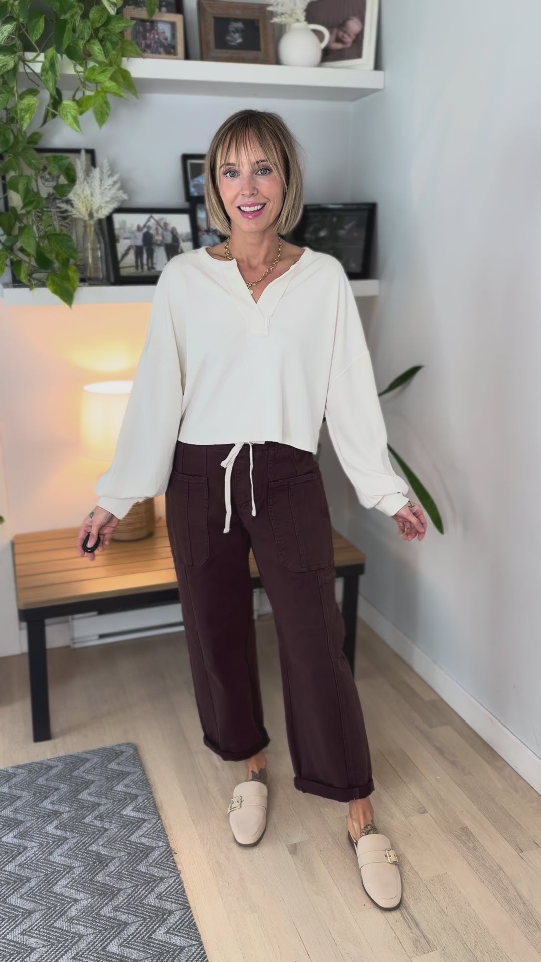 Daphne Split Neck Long Sleeve Cropped Knit Top- OATMEAL