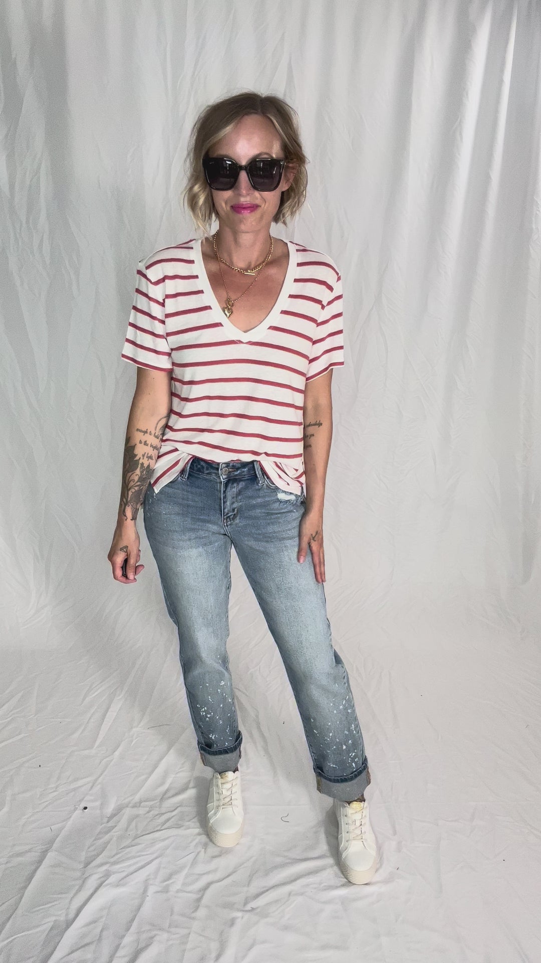 Chrishell Cotton Blend Relaxed Fit Striped T-shirt- CRANBERRY-FINAL SALE