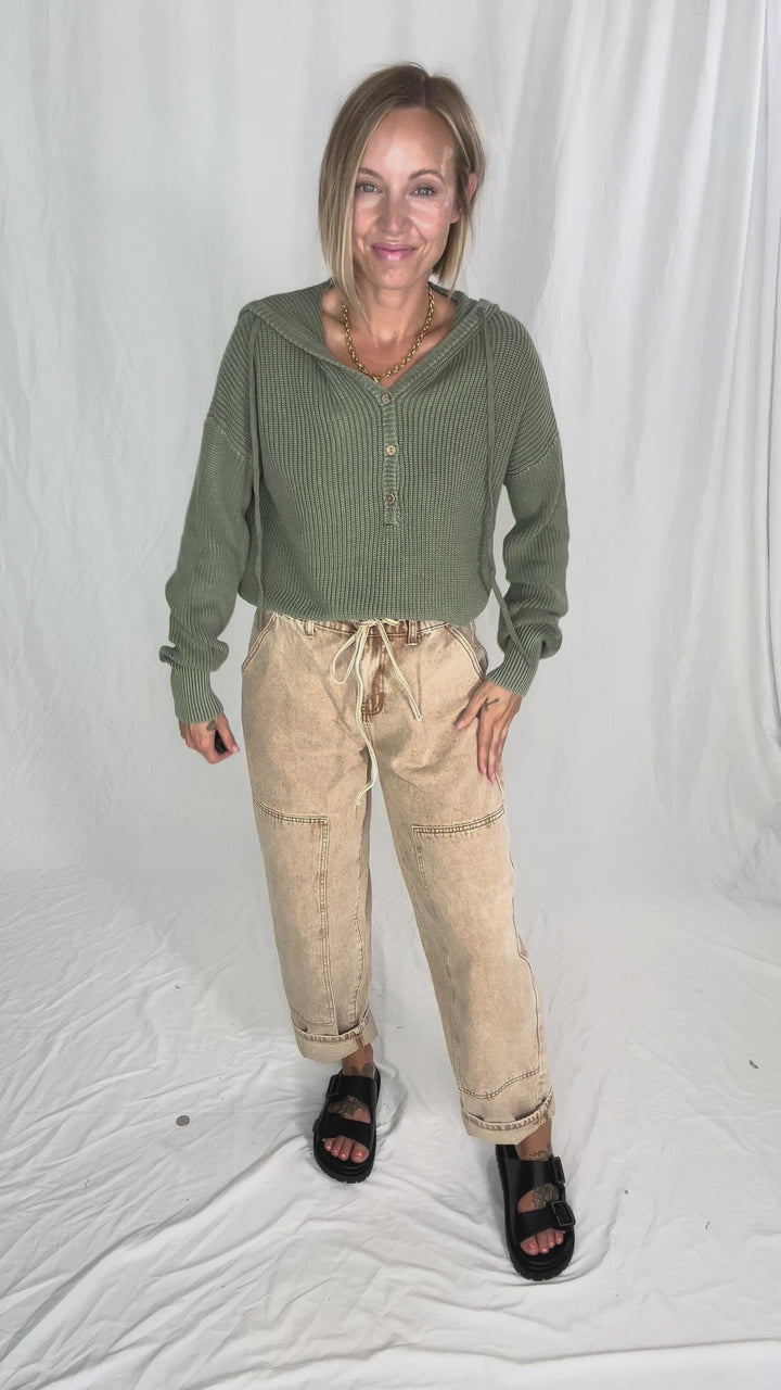Maradith Chunky Knit Henley Sweater- SAGE