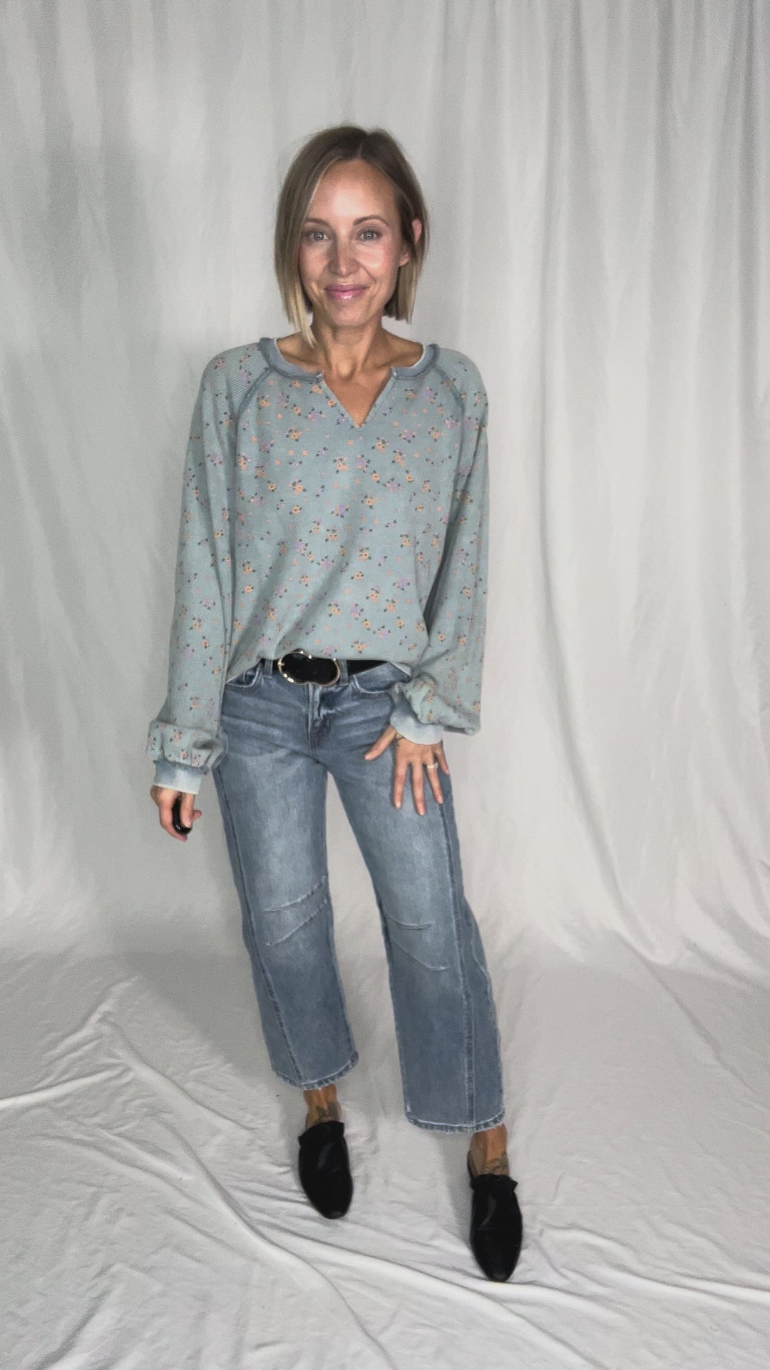 Tess Thermal Knit Long Sleeve- WASHED DENIM