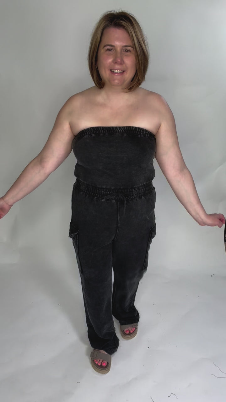 Shirley Washed Tube Top Jumpsuit- BLACK-FINAL SALE