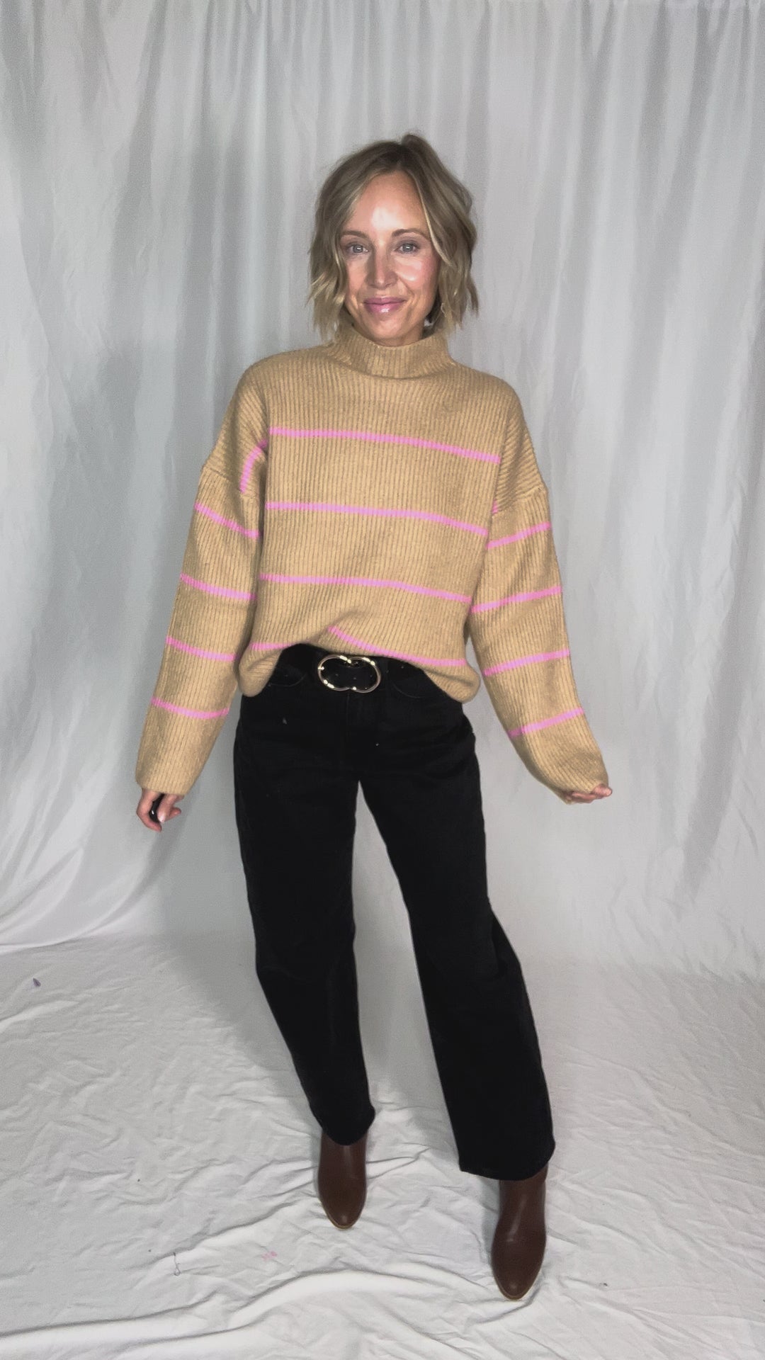 Juliet Mock Neck Ribbed Knit Sweater- TAUPE/PINK