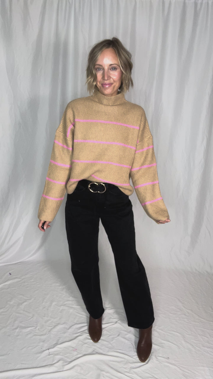 Juliet Mock Neck Ribbed Knit Sweater- TAUPE/PINK