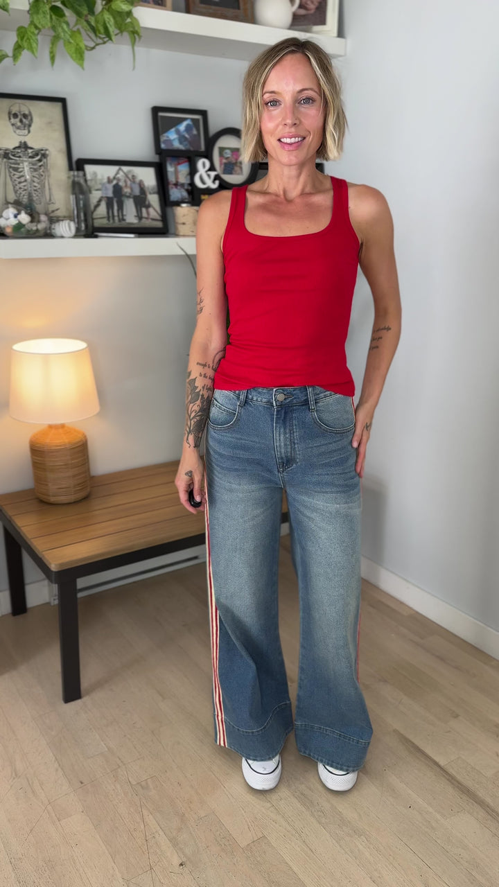 Messer Side Stripe Wide Leg Pant- DENIM