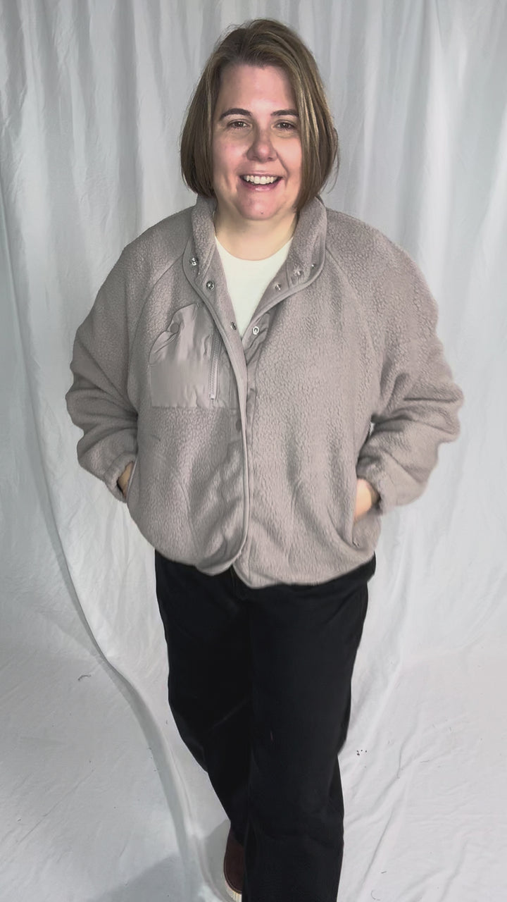 Jayde Fleece Button Up Jacket With Accent Pocket- EARTH GREY