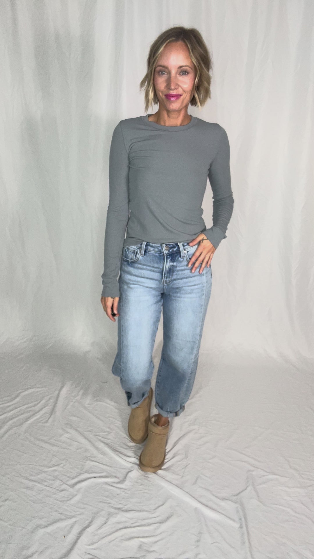 Beth Ribbed Long Sleeve- PEBBLE