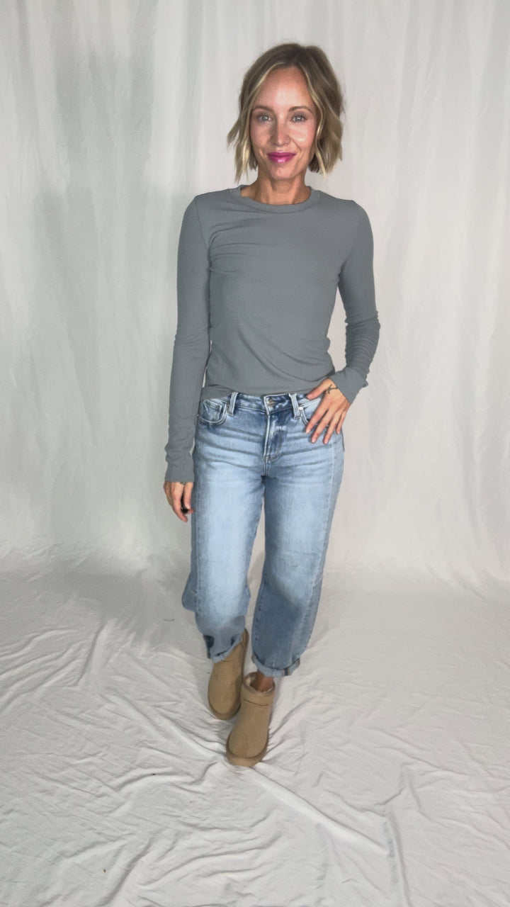 Beth Ribbed Long Sleeve- PEBBLE