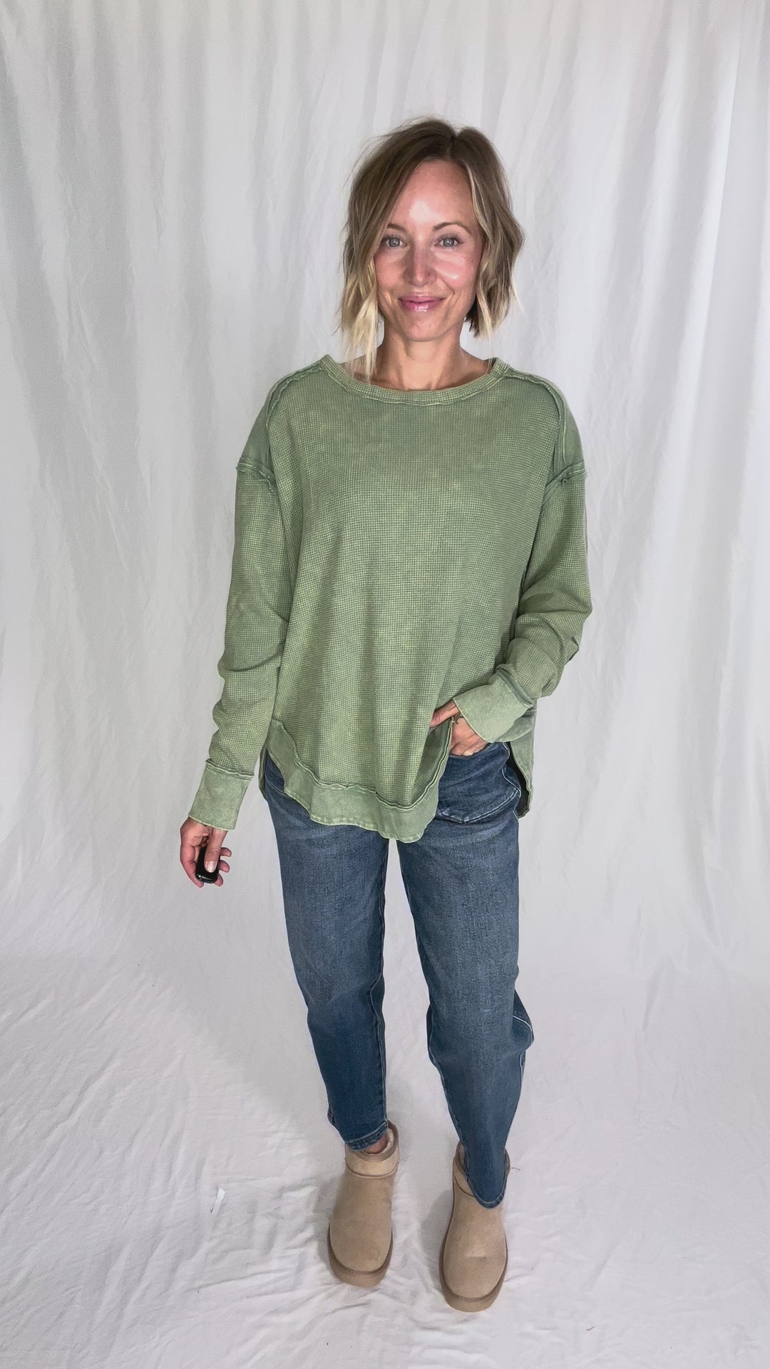 Jenna Long Sleeve Waffle Pullover- SAGE