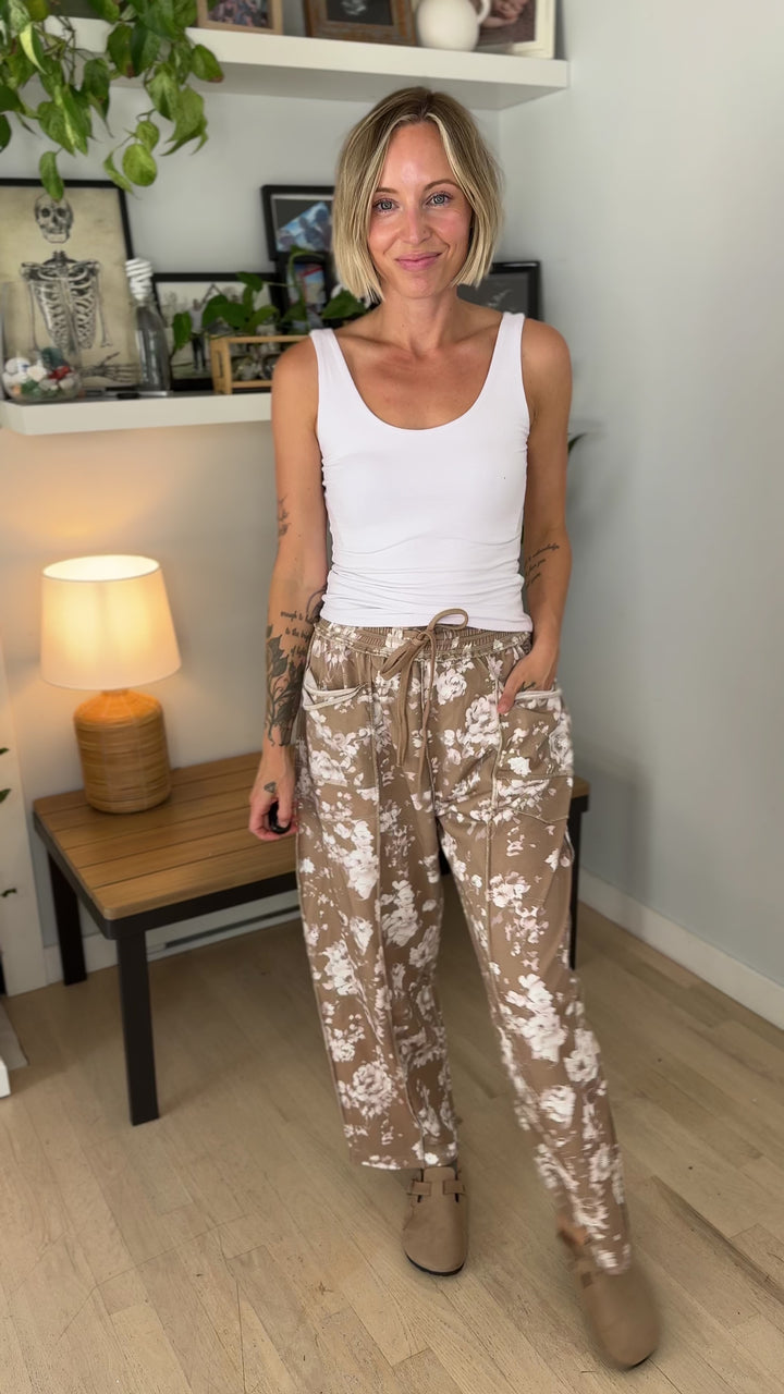 Amery Printed Barrel Pant- LATTE ROSE